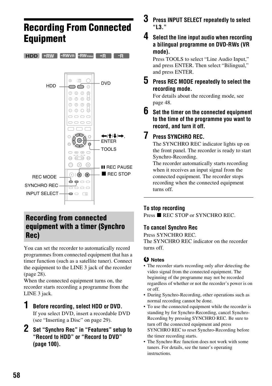 Recording from connected equipment | Sony RDR-HXD910 User Manual | Page 58 / 124