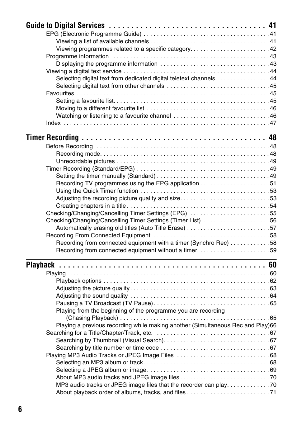 6guide to digital services, Timer recording, Playback | Sony RDR-HXD910 User Manual | Page 6 / 124