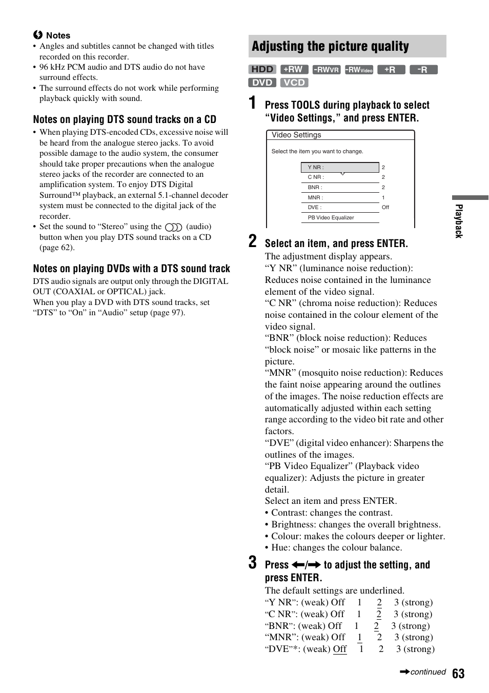 Adjusting the picture quality | Sony RDR-HXD910 User Manual | Page 63 / 124
