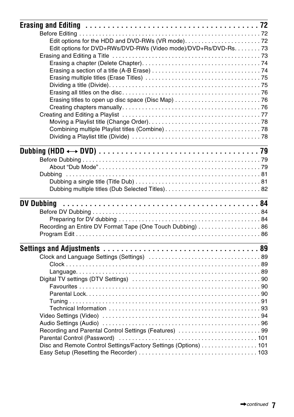 7erasing and editing, Dubbing (hdd y dvd), Dv dubbing | Settings and adjustments | Sony RDR-HXD910 User Manual | Page 7 / 124