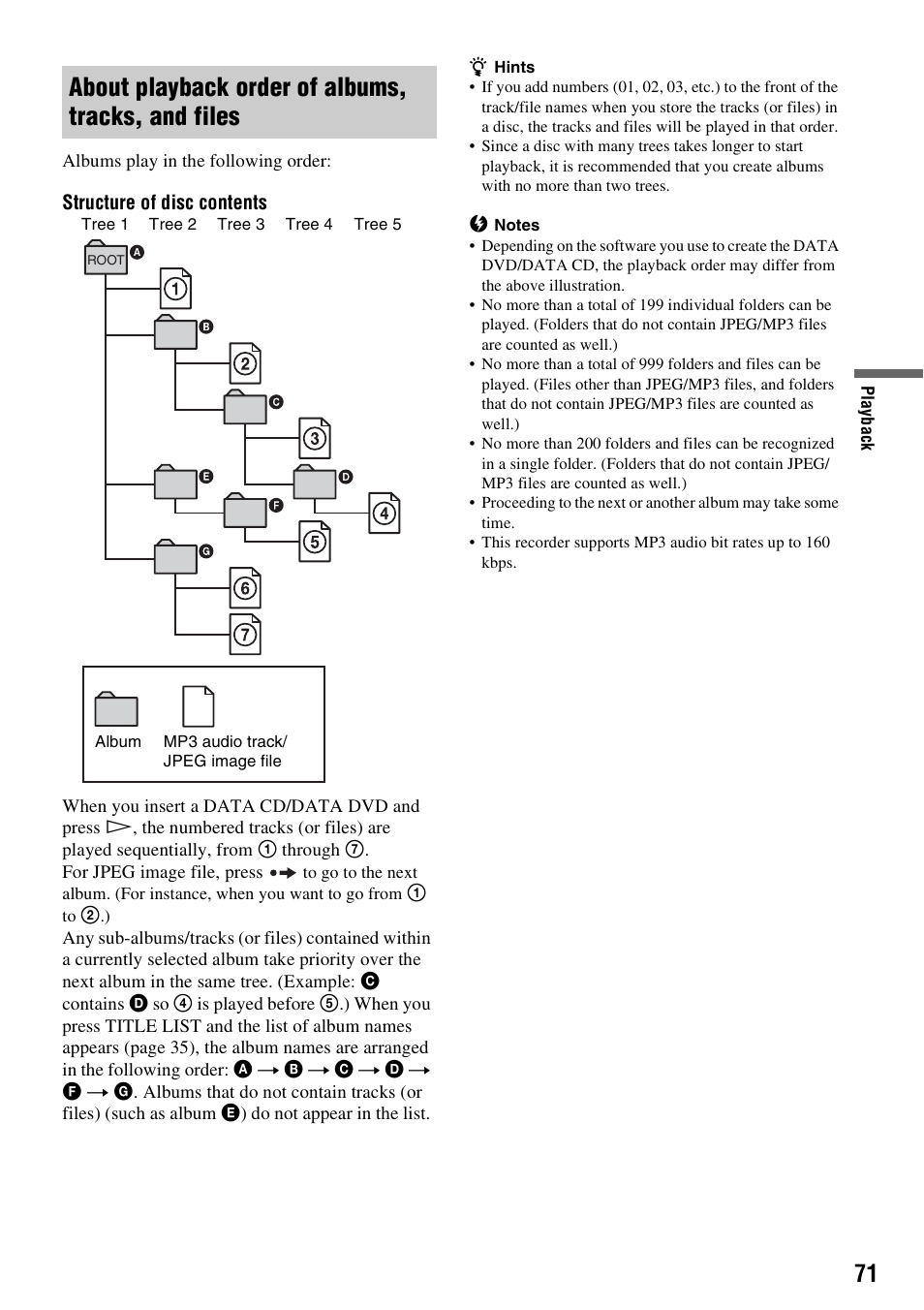 About playback order of albums, tracks, and files | Sony RDR-HXD910 User Manual | Page 71 / 124
