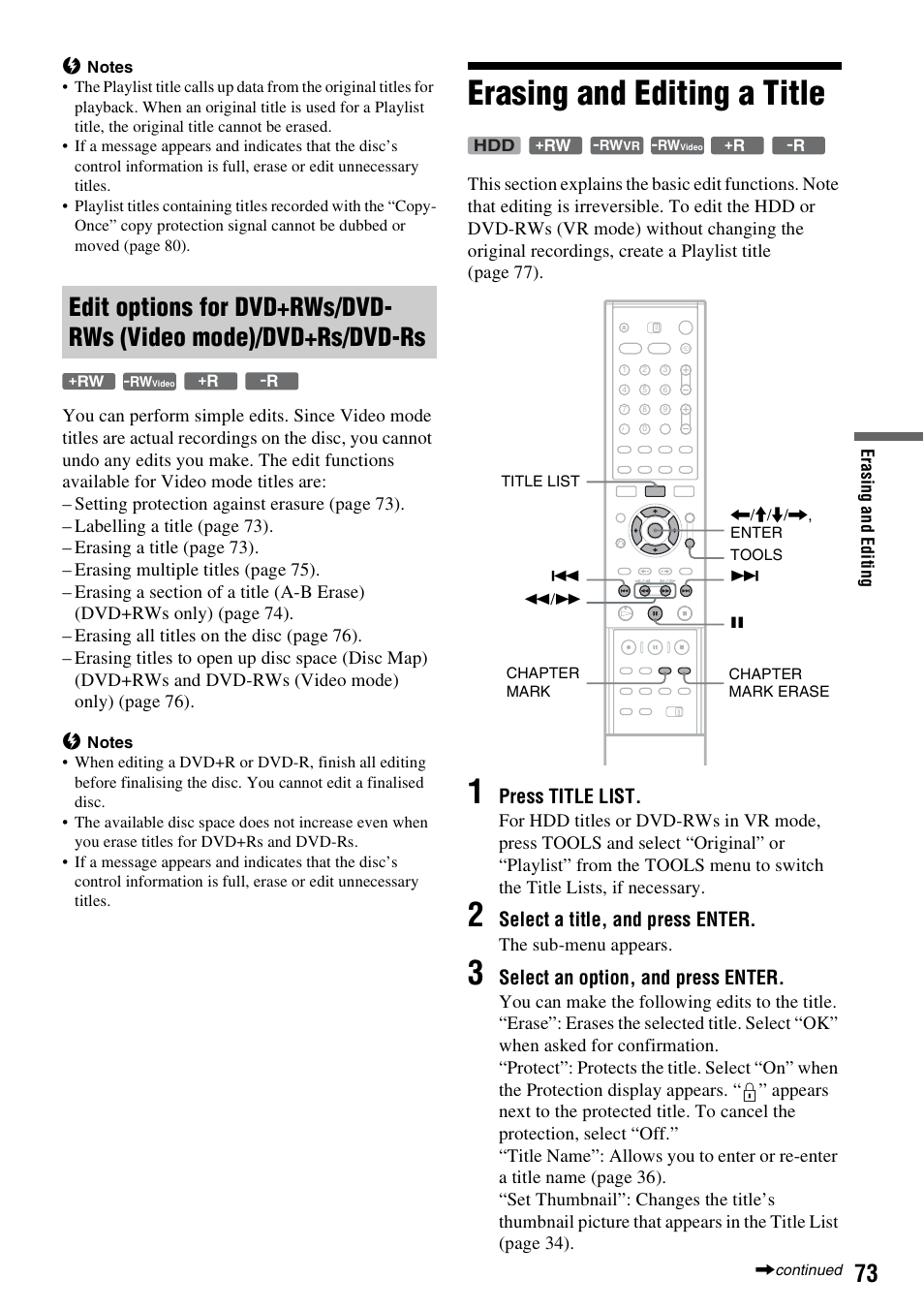 Erasing and editing a title, Press title list, Select a title, and press enter | Select an option, and press enter | Sony RDR-HXD910 User Manual | Page 73 / 124
