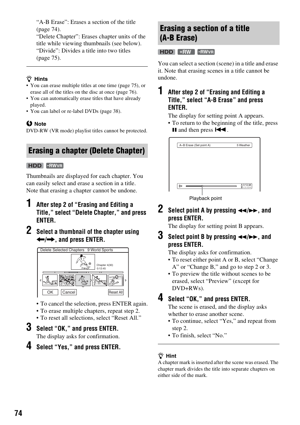Erasing a chapter (delete chapter), Erasing a section of a title (a-b erase) | Sony RDR-HXD910 User Manual | Page 74 / 124