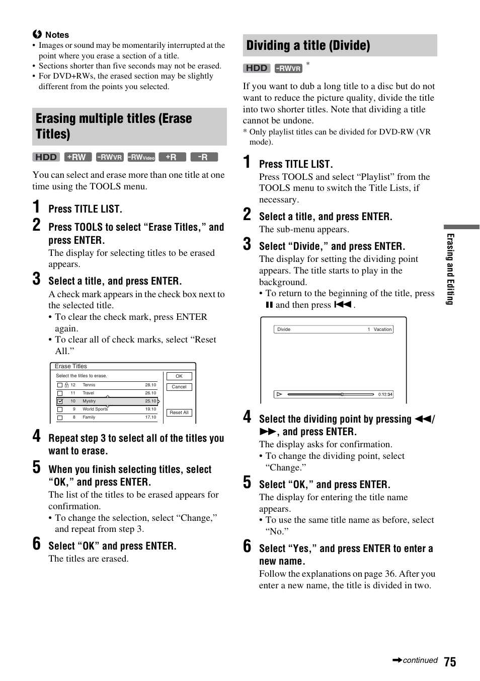 Erasing multiple titles (erase titles), Dividing a title (divide) | Sony RDR-HXD910 User Manual | Page 75 / 124