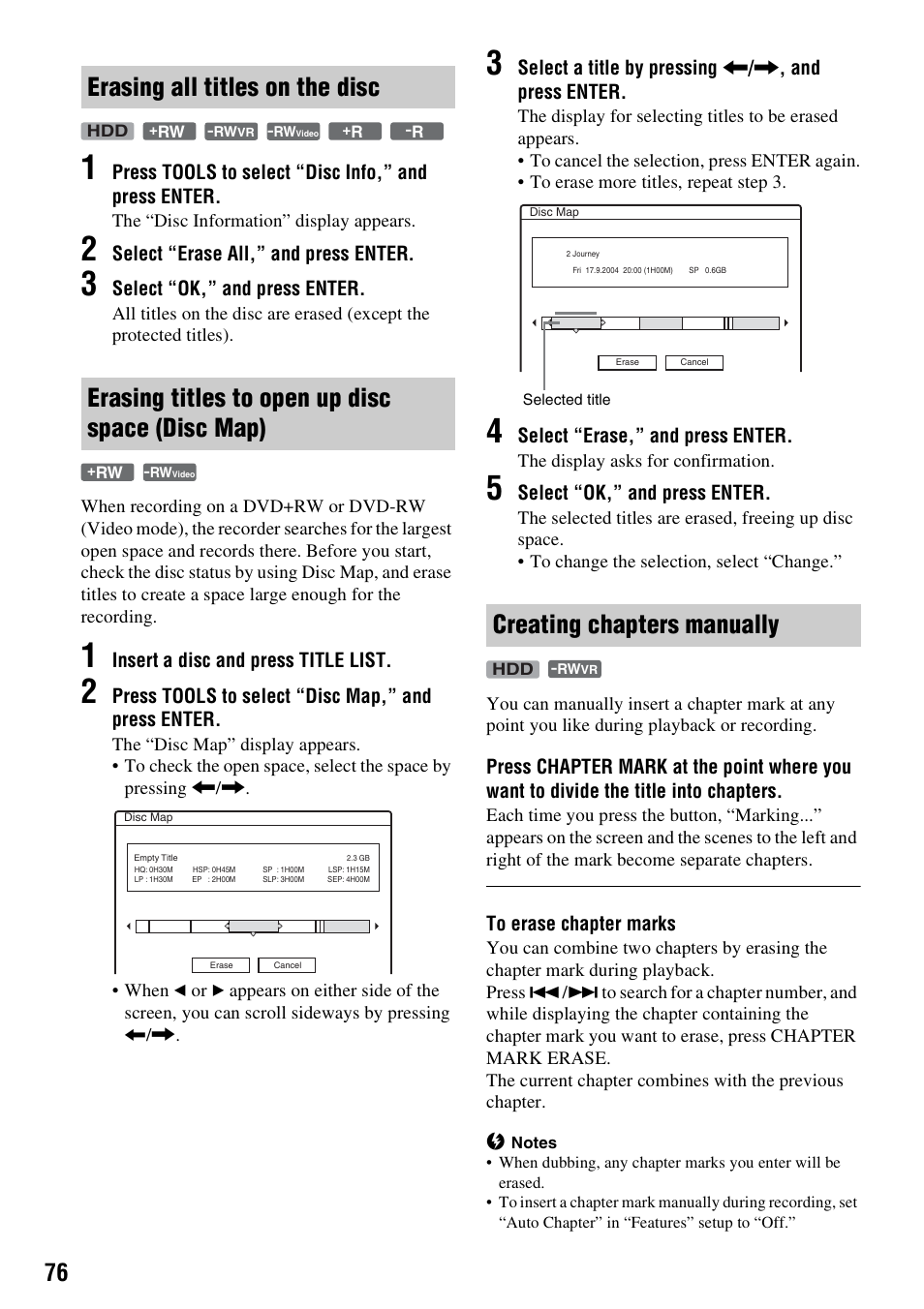 Erasing all titles on the disc, Erasing titles to open up disc space (disc map), Creating chapters manually | Sony RDR-HXD910 User Manual | Page 76 / 124