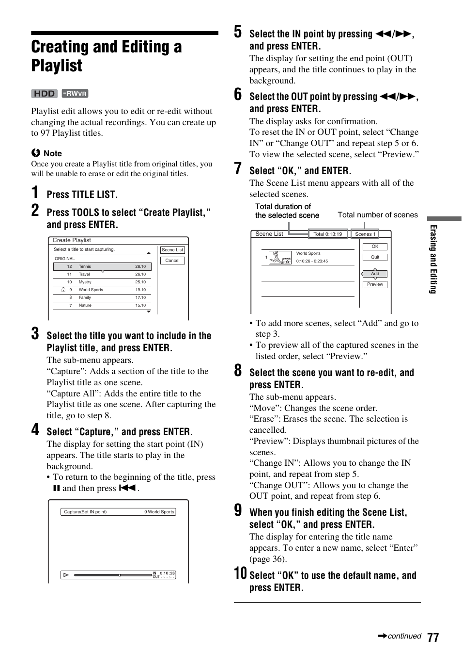 Creating and editing a playlist, Press title list, Select “capture,” and press enter | Select “ok,” and enter | Sony RDR-HXD910 User Manual | Page 77 / 124