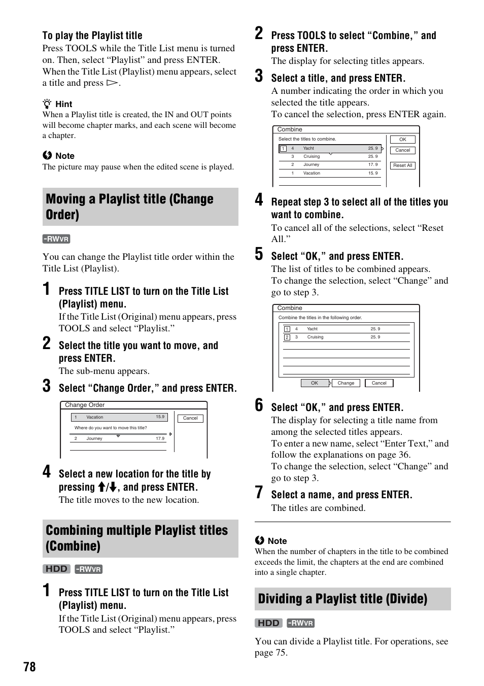 Moving a playlist title (change order), Combining multiple playlist titles (combine), Dividing a playlist title (divide) | Sony RDR-HXD910 User Manual | Page 78 / 124
