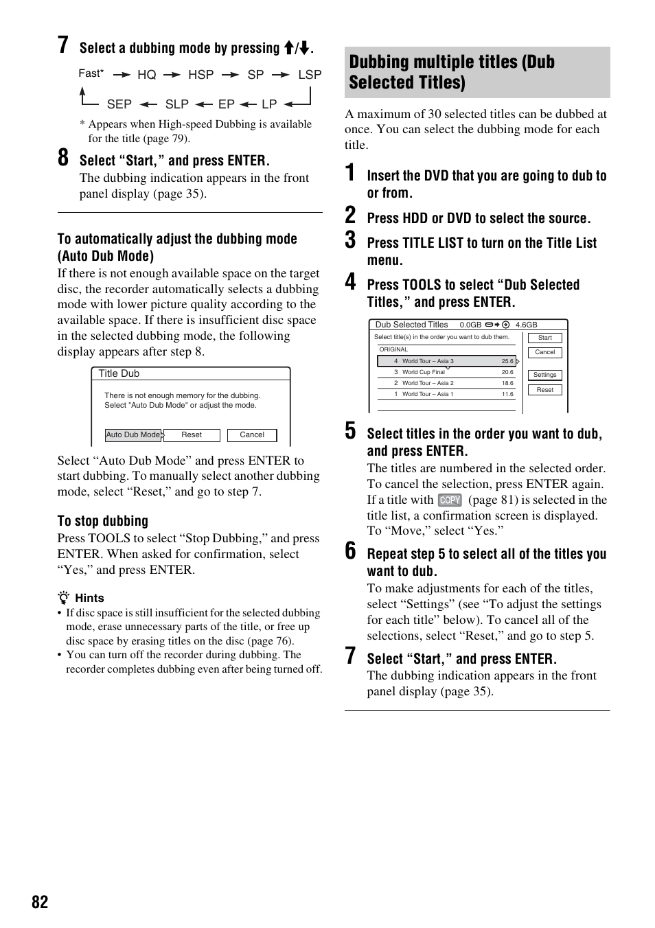 Dubbing multiple titles (dub selected titles) | Sony RDR-HXD910 User Manual | Page 82 / 124