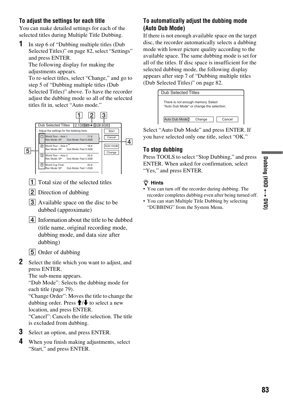 To adjust the settings for each title” b, Select an option, and press enter, Du b b in g (h dd y dv d) | Sony RDR-HXD910 User Manual | Page 83 / 124