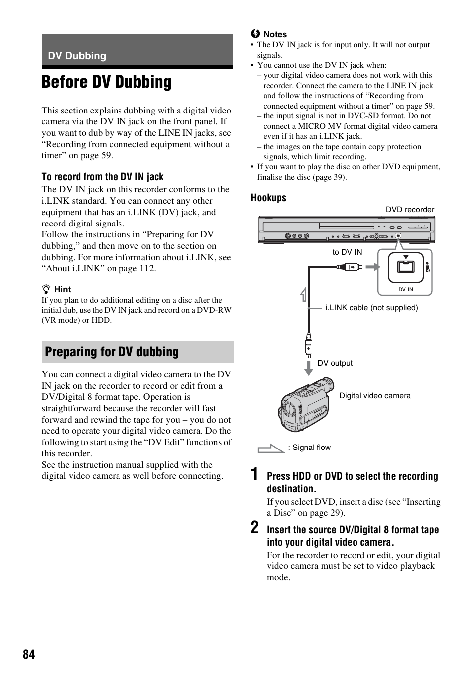 Dv dubbing, Before dv dubbing, Preparing for dv dubbing | Sony RDR-HXD910 User Manual | Page 84 / 124