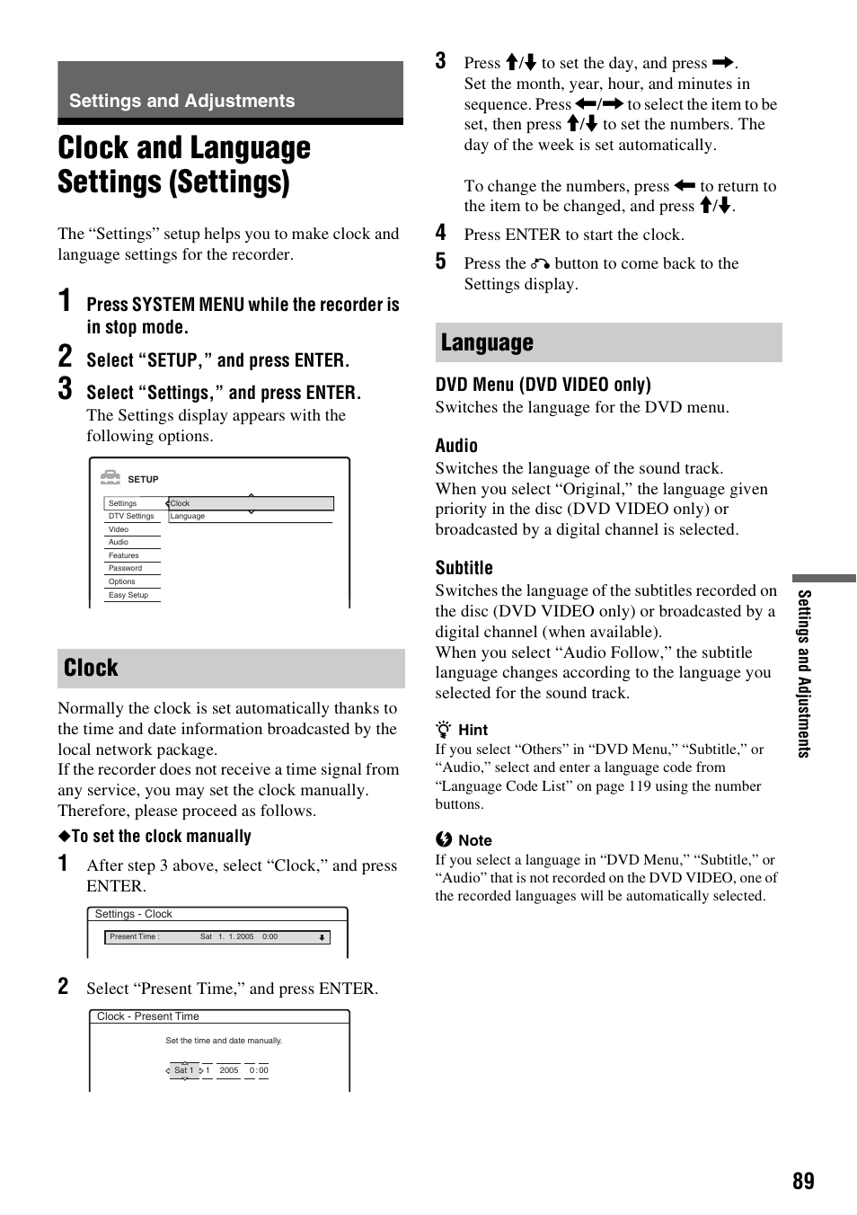 Settings and adjustments, Clock and language settings (settings), Clock | Language, Clock language | Sony RDR-HXD910 User Manual | Page 89 / 124