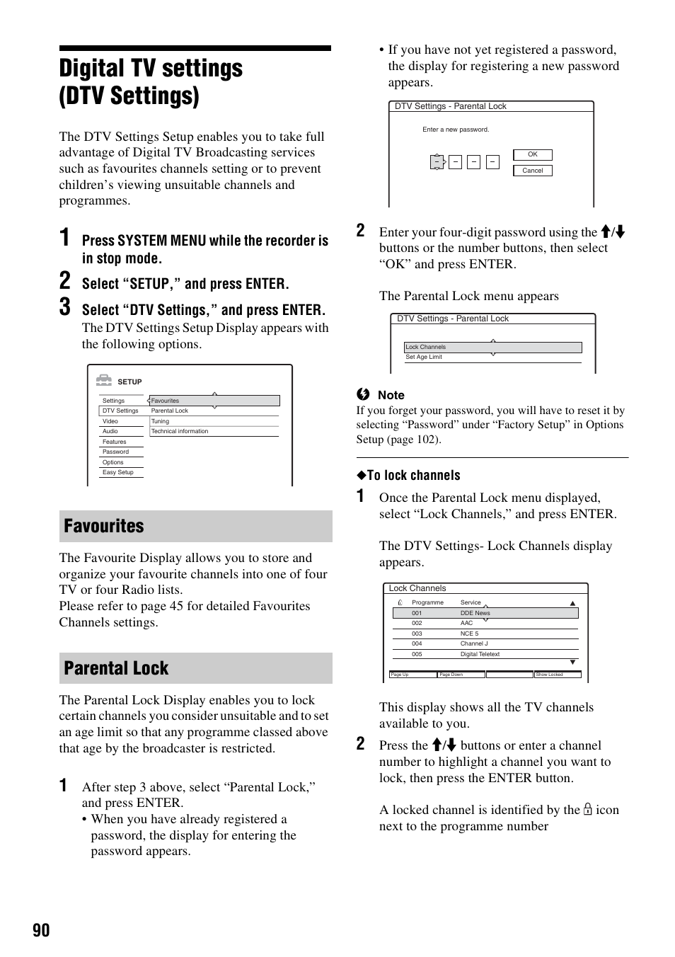 Digital tv settings (dtv settings), Favourites, Parental lock | Favourites parental lock, Select “setup,” and press enter, Select “dtv settings,” and press enter | Sony RDR-HXD910 User Manual | Page 90 / 124