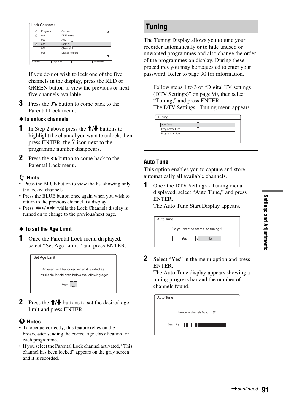 Tuning, Auto tune, Press the | Button to come back to the parental lock menu | Sony RDR-HXD910 User Manual | Page 91 / 124