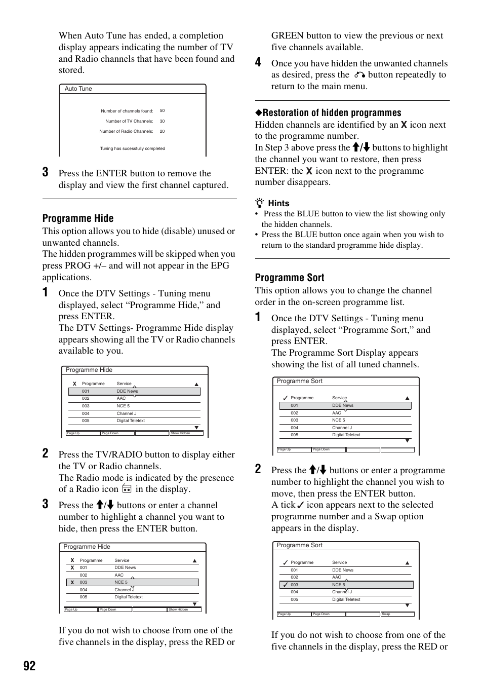 Programme hide, Programme sort | Sony RDR-HXD910 User Manual | Page 92 / 124
