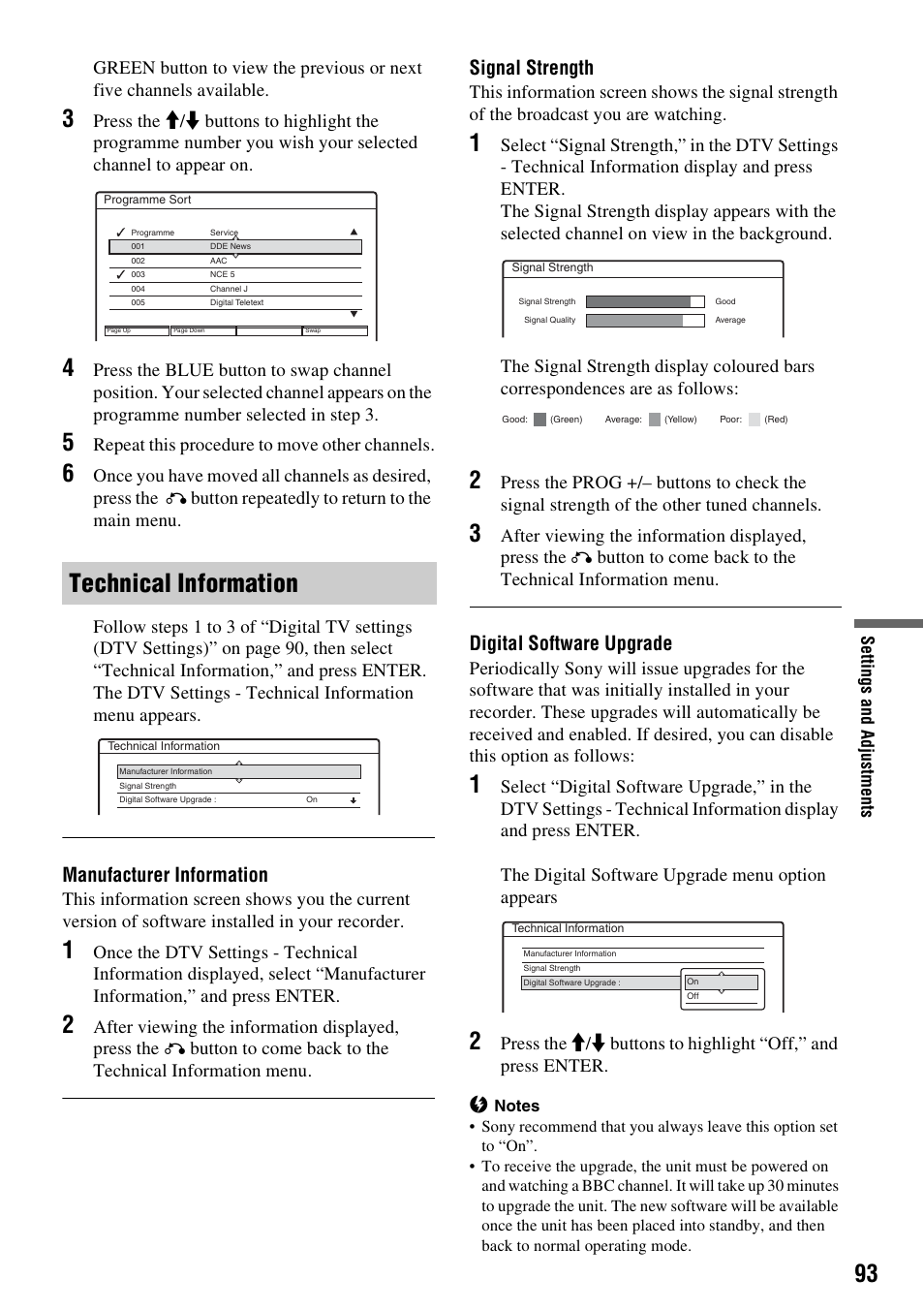 Technical information, Manufacturer information, Signal strength | Digital software upgrade, Repeat this procedure to move other channels, After viewing the information displayed, press the | Sony RDR-HXD910 User Manual | Page 93 / 124