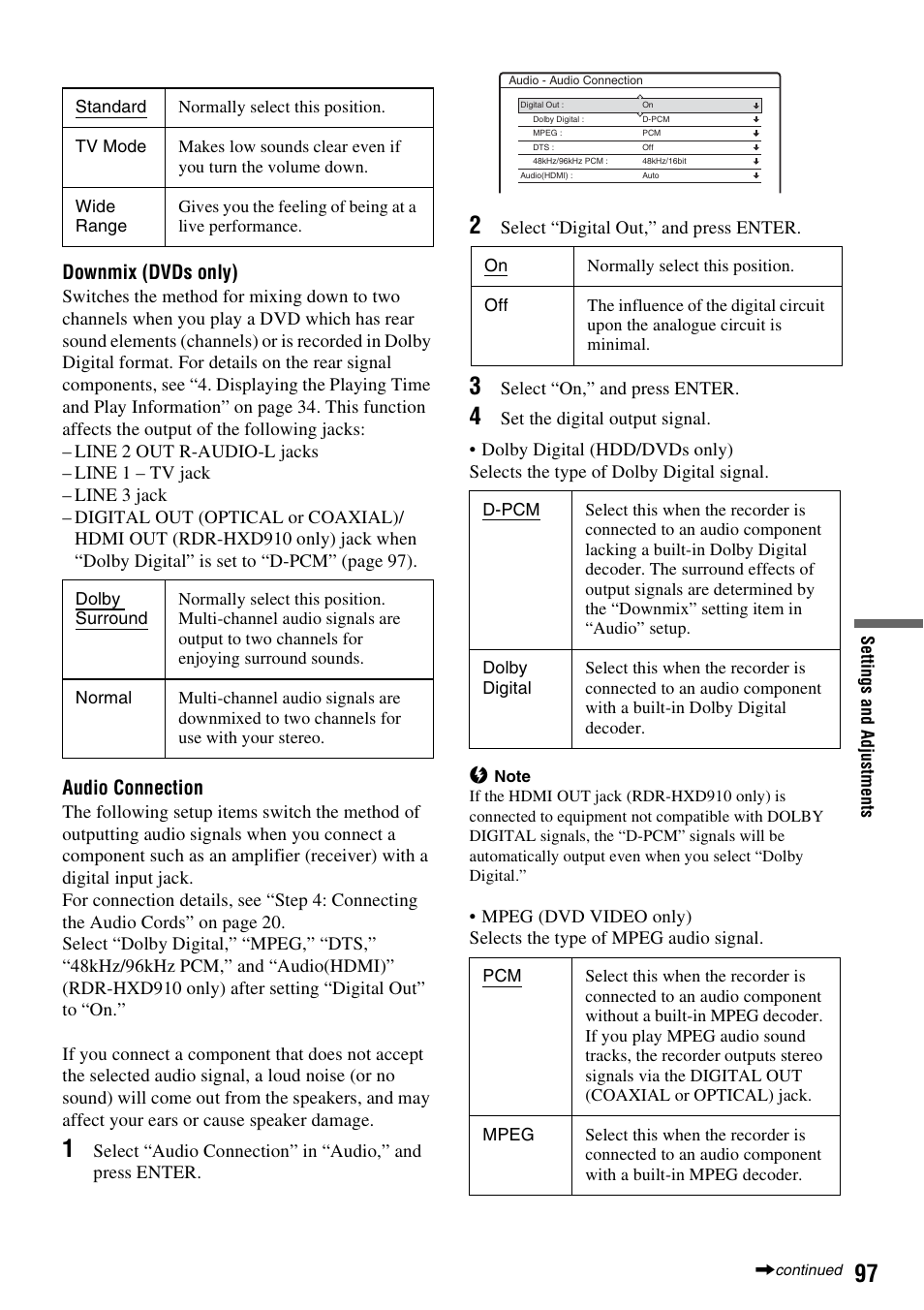 Downmix (dvds only), Audio connection | Sony RDR-HXD910 User Manual | Page 97 / 124