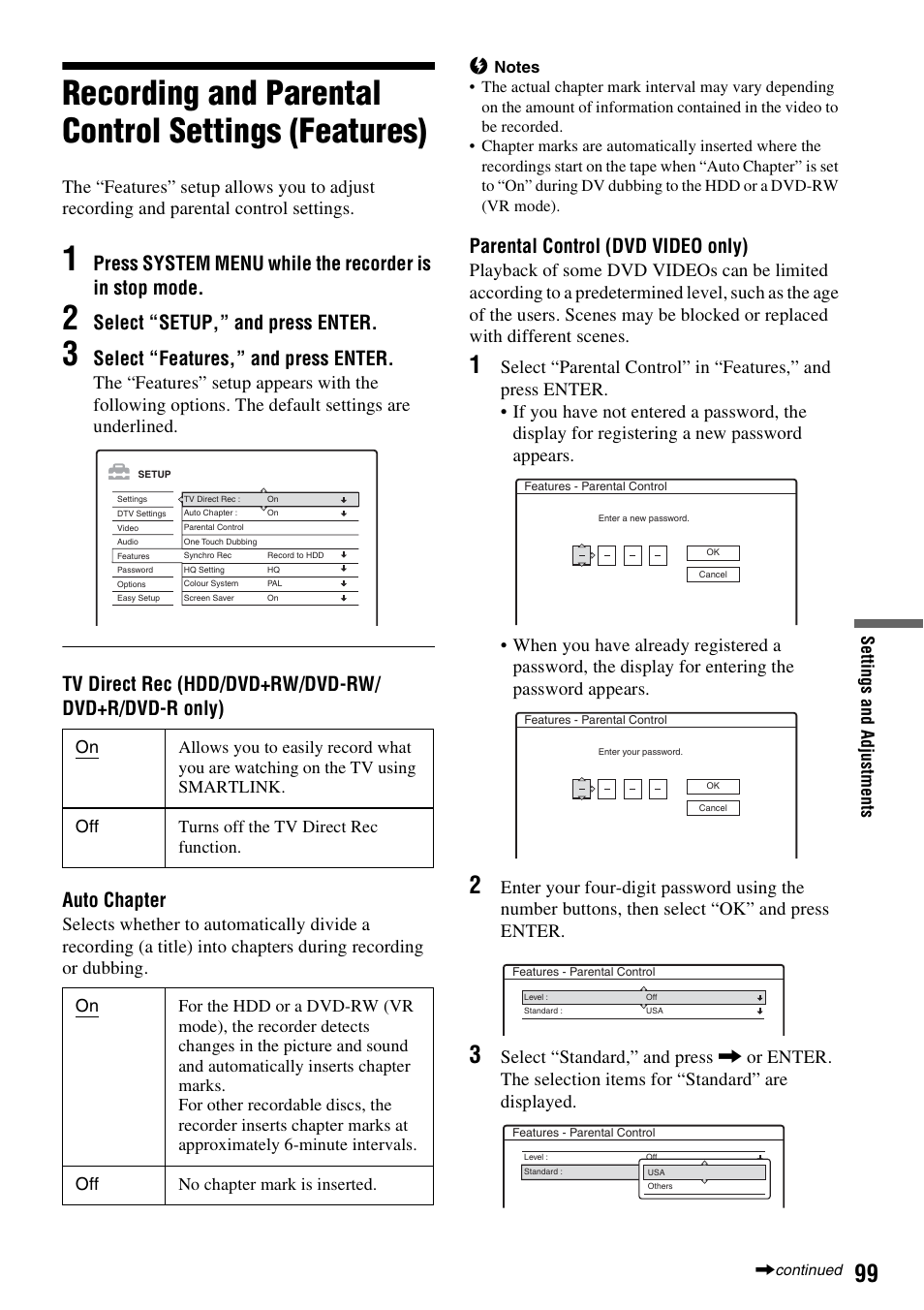 Recording and parental control settings (features), Select “setup,” and press enter, Select “features,” and press enter | Parental control (dvd video only) | Sony RDR-HXD910 User Manual | Page 99 / 124