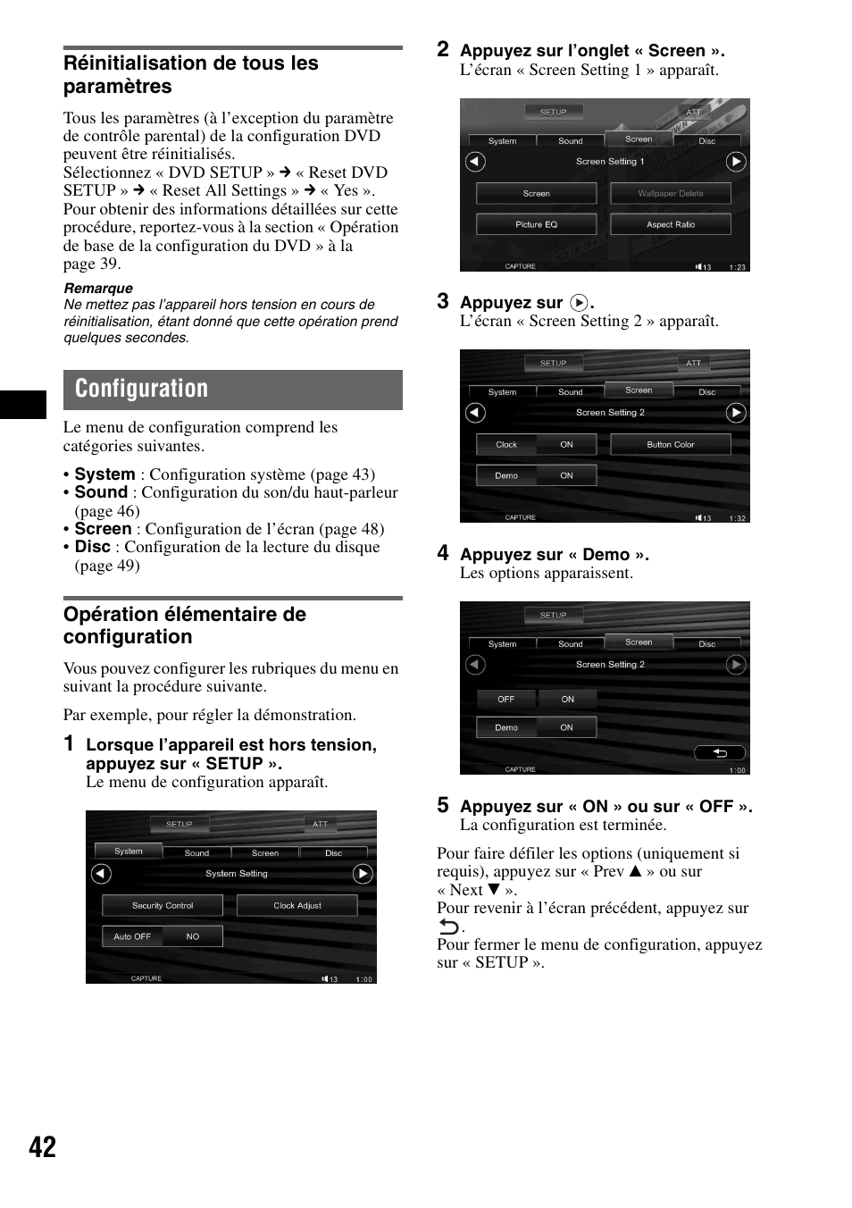 Réinitialisation de tous les paramètres, Configuration, Opération élémentaire de configuration | Tup 42 | Sony XAV-W1 User Manual | Page 102 / 196