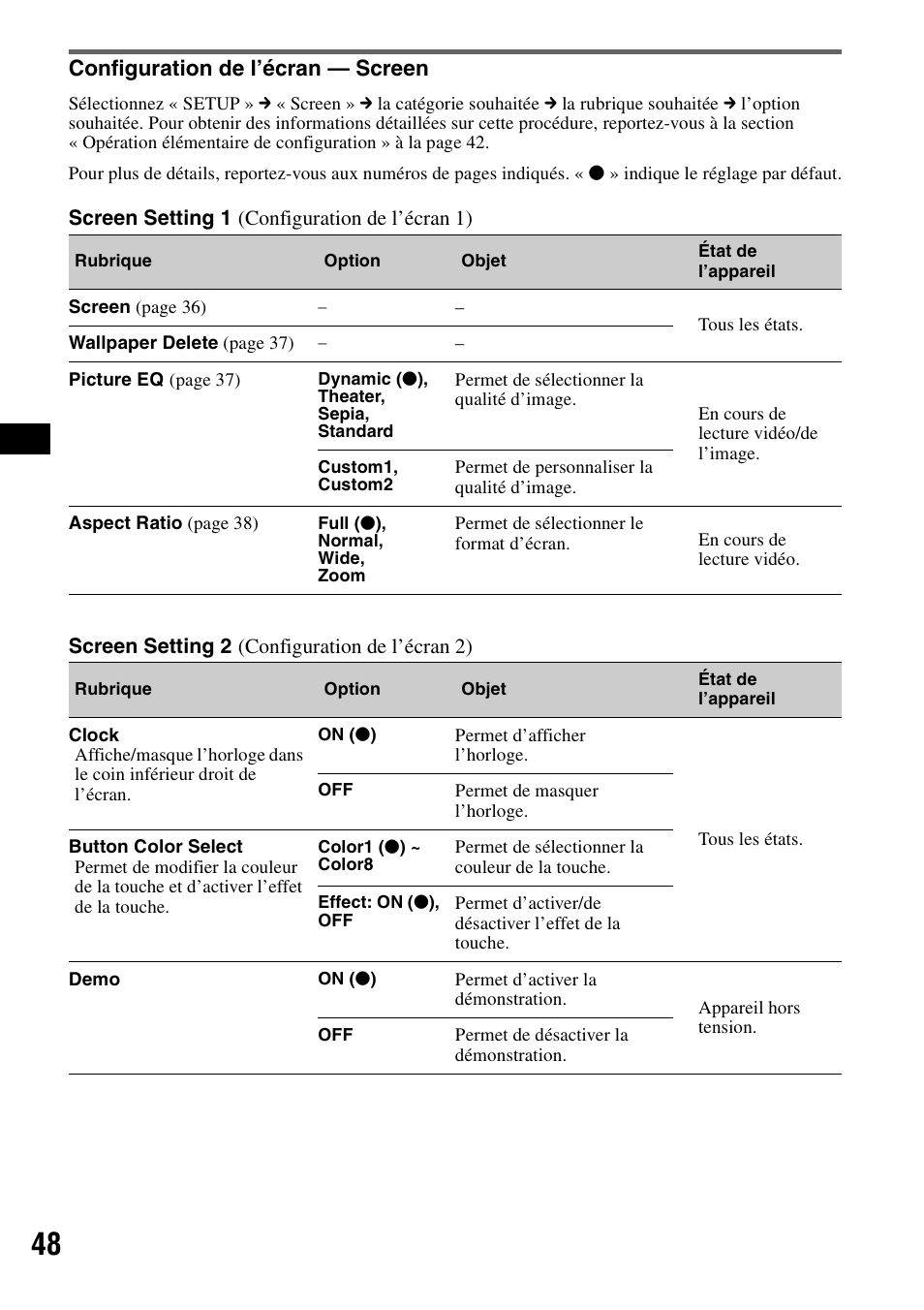 Configuration de l’écran - screen, Configuration de l’écran — screen | Sony XAV-W1 User Manual | Page 108 / 196