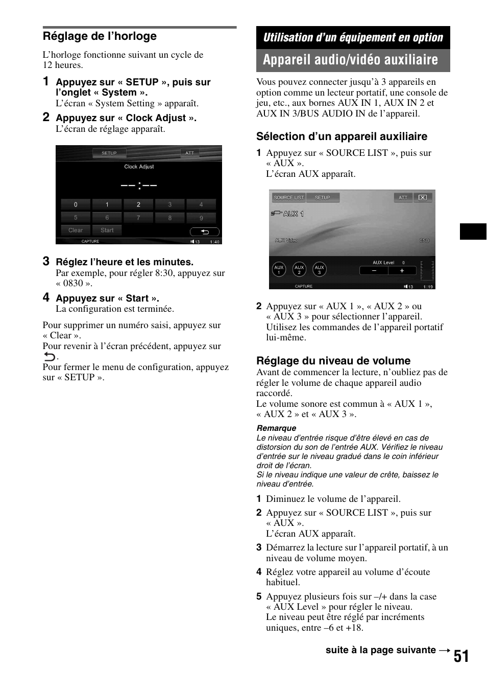 Réglage de l’horloge, Utilisation d’un équipement en option, Appareil audio/vidéo auxiliaire | Utilisation d’un équipement en, Option | Sony XAV-W1 User Manual | Page 111 / 196