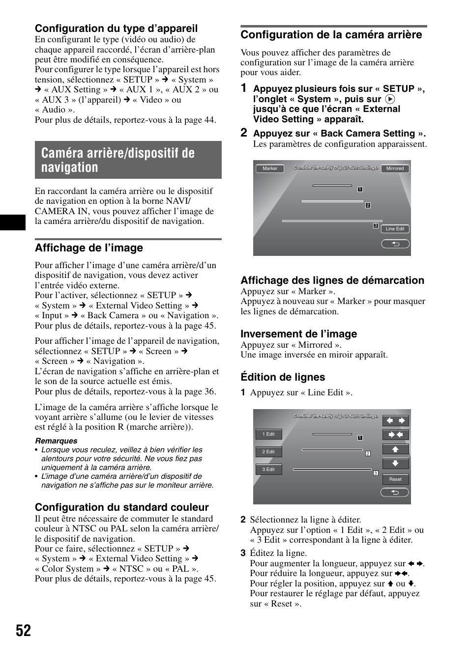 Caméra arrière/dispositif de navigation, Affichage de l’image, Configuration de la caméra arrière | Configuration du type d’appareil, Configuration du standard couleur, Affichage des lignes de démarcation, Inversement de l’image, Édition de lignes | Sony XAV-W1 User Manual | Page 112 / 196