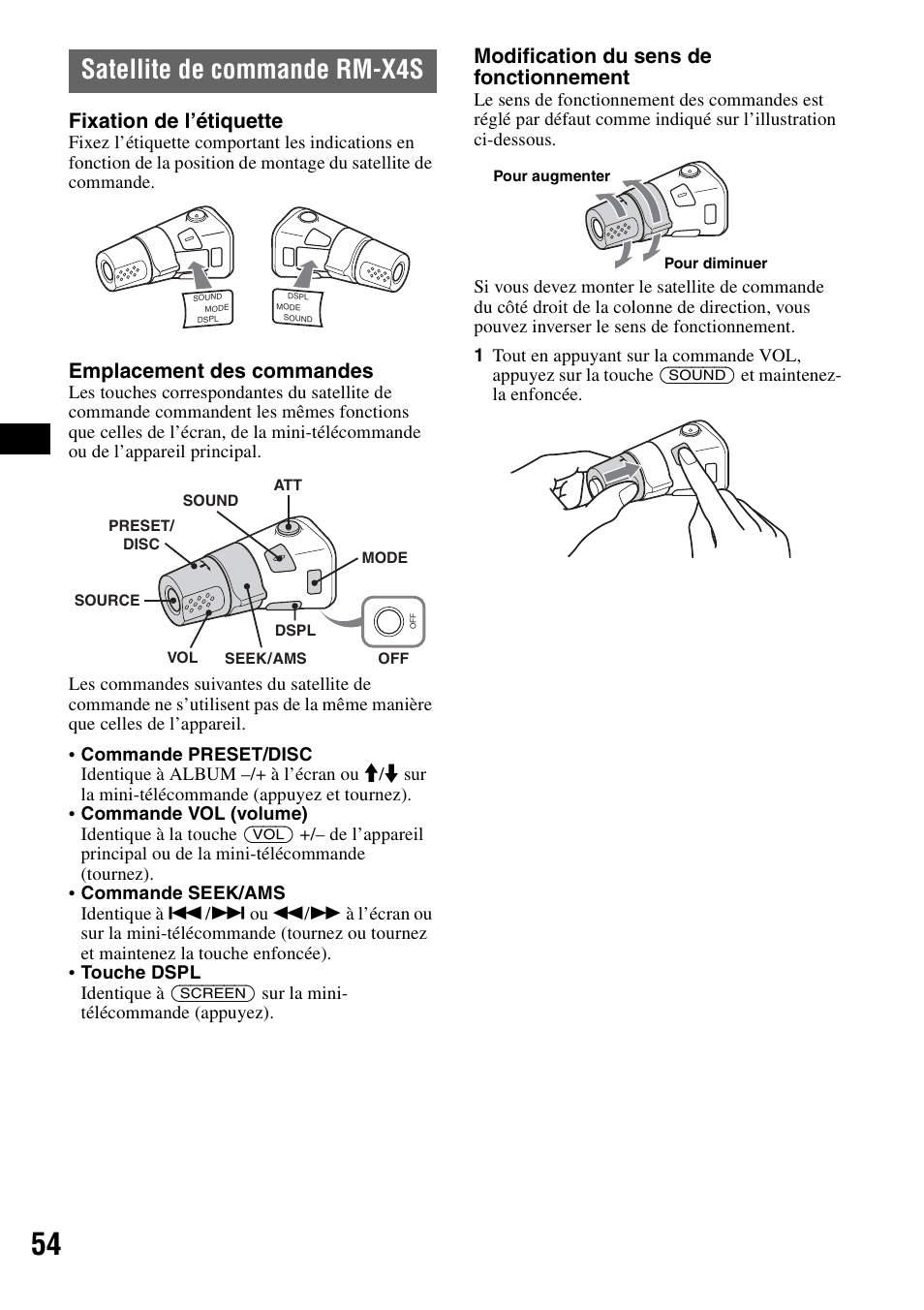 Satellite de commande rm-x4s, Fixation de l’étiquette, Emplacement des commandes | Modification du sens de fonctionnement | Sony XAV-W1 User Manual | Page 114 / 196