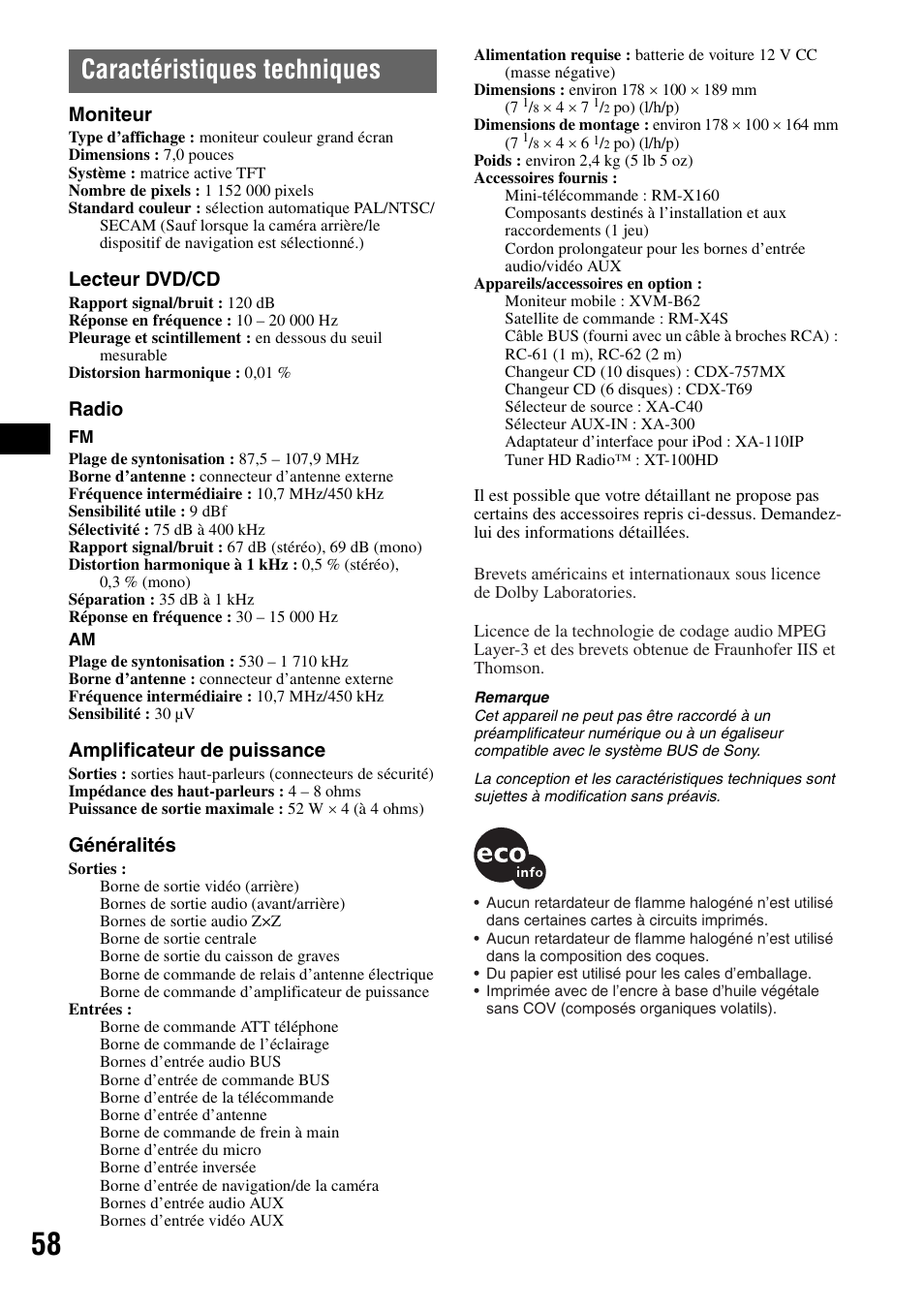 Caractéristiques techniques, Moniteur, Lecteur dvd/cd | Radio, Amplificateur de puissance, Généralités | Sony XAV-W1 User Manual | Page 118 / 196