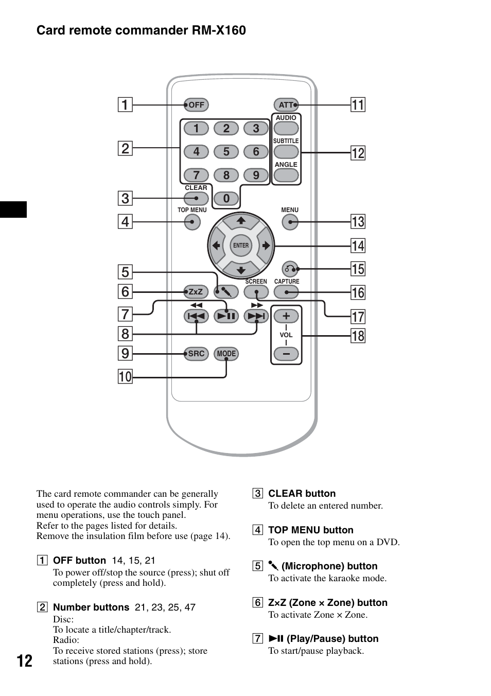 Card remote commander rm-x160 | Sony XAV-W1 User Manual | Page 12 / 196