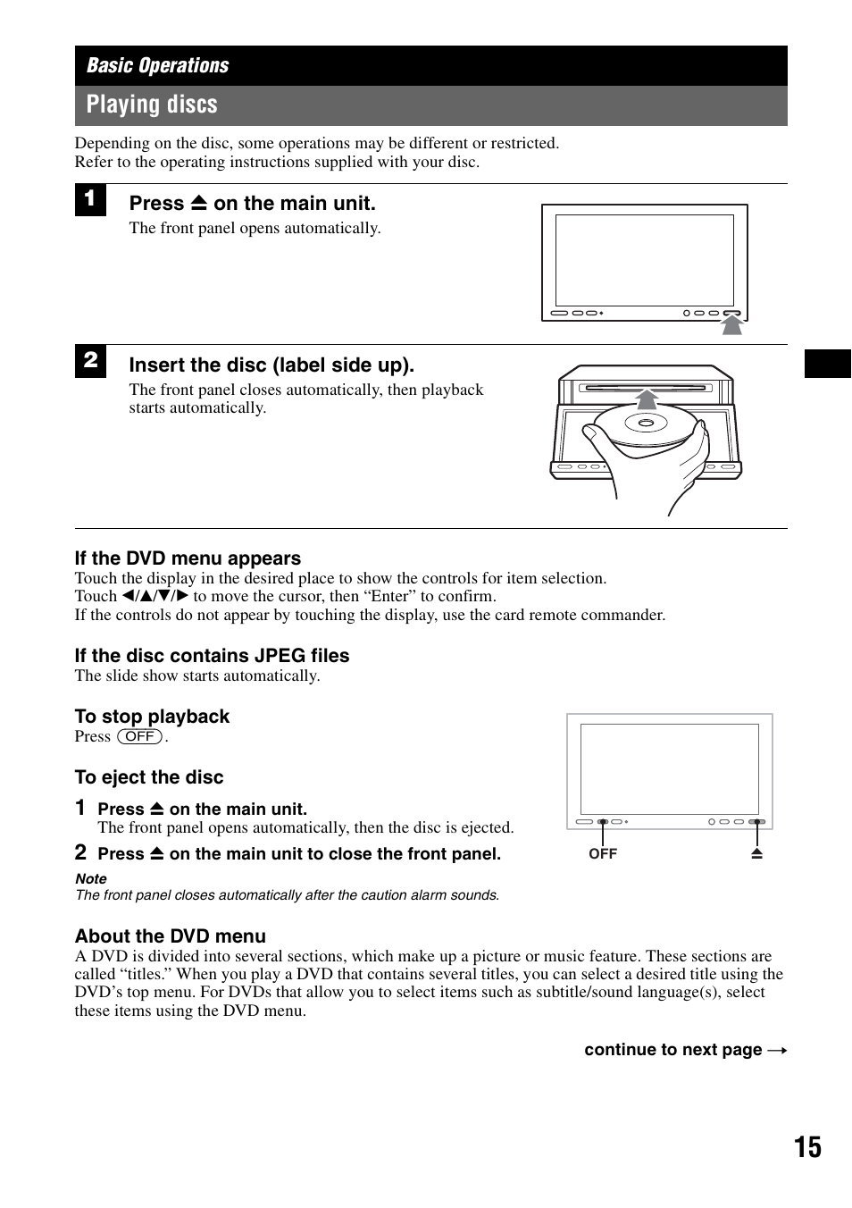 Basic operations, Playing discs | Sony XAV-W1 User Manual | Page 15 / 196