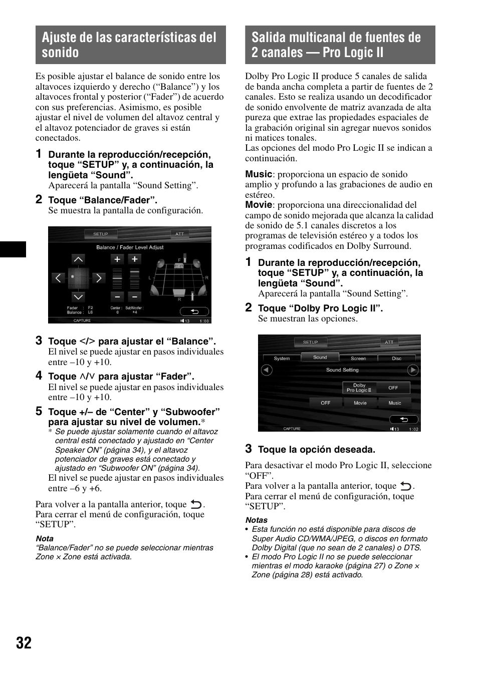 Ajuste de las características del sonido, Salida multicanal de fuentes de 2 canales, Pro logic ii | Sony XAV-W1 User Manual | Page 158 / 196