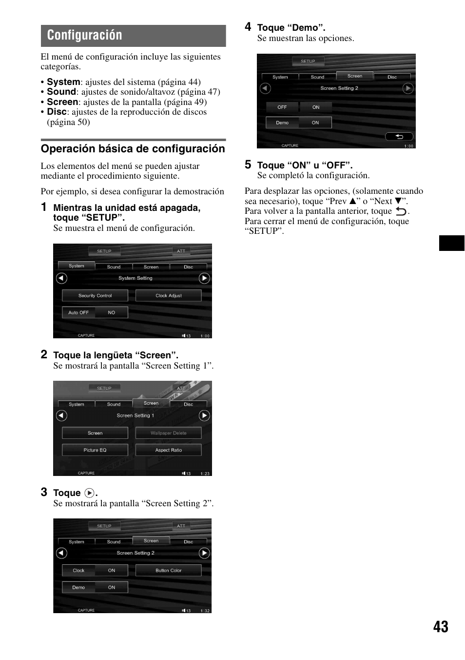 Configuración, Operación básica de configuración, Tup 43 | Sony XAV-W1 User Manual | Page 169 / 196