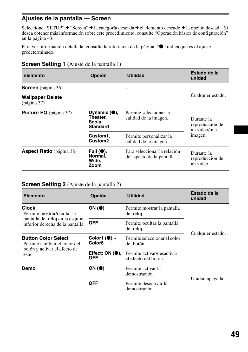 Ajustes de la pantalla - screen, Ajustes de la pantalla — screen, Loj 49 | Sony XAV-W1 User Manual | Page 175 / 196
