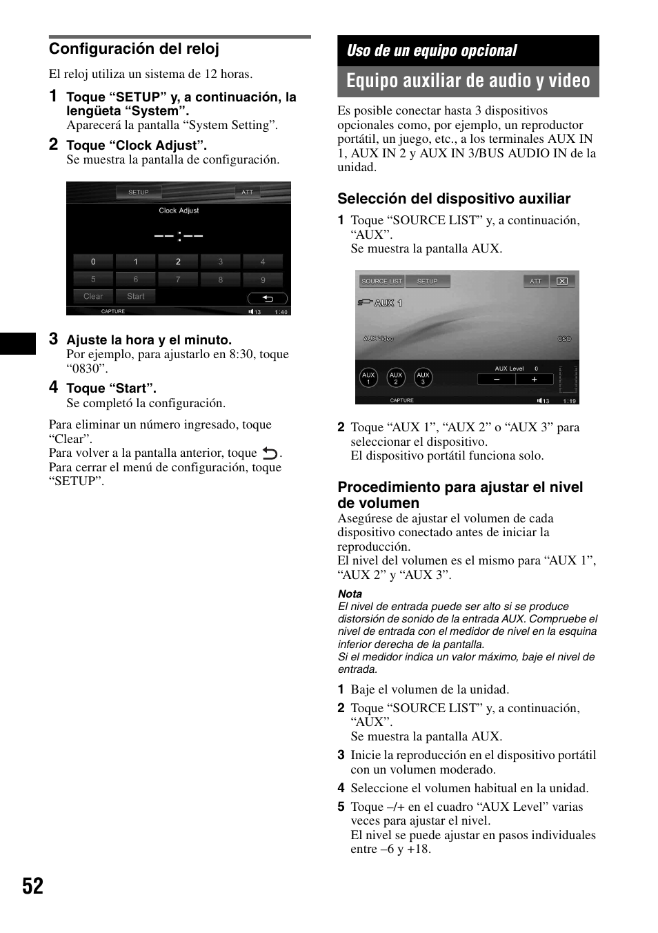 Configuración del reloj, Uso de un equipo opcional, Equipo auxiliar de audio y video | Sony XAV-W1 User Manual | Page 178 / 196