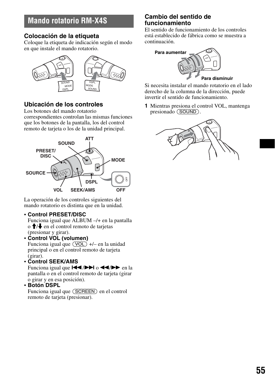 Mando rotatorio rm-x4s, Colocación de la etiqueta, Ubicación de los controles | Cambio del sentido de funcionamiento | Sony XAV-W1 User Manual | Page 181 / 196