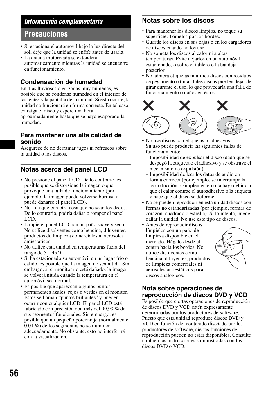 Información complementaria, Precauciones, Notas acerca del panel lcd | Notas sobre los discos, Notas acerca del panel lcd notas sobre los discos | Sony XAV-W1 User Manual | Page 182 / 196