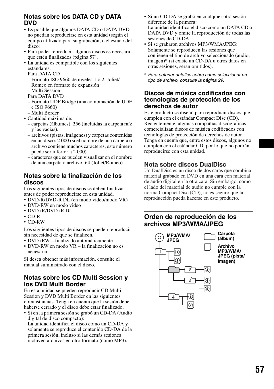 Orden de reproducción de los archivos mp3/wma/jpeg, Orden de reproducción de los archivos, Mp3/wma/jpeg | Notas sobre los data cd y data dvd, Notas sobre la finalización de los discos, Nota sobre discos dualdisc | Sony XAV-W1 User Manual | Page 183 / 196