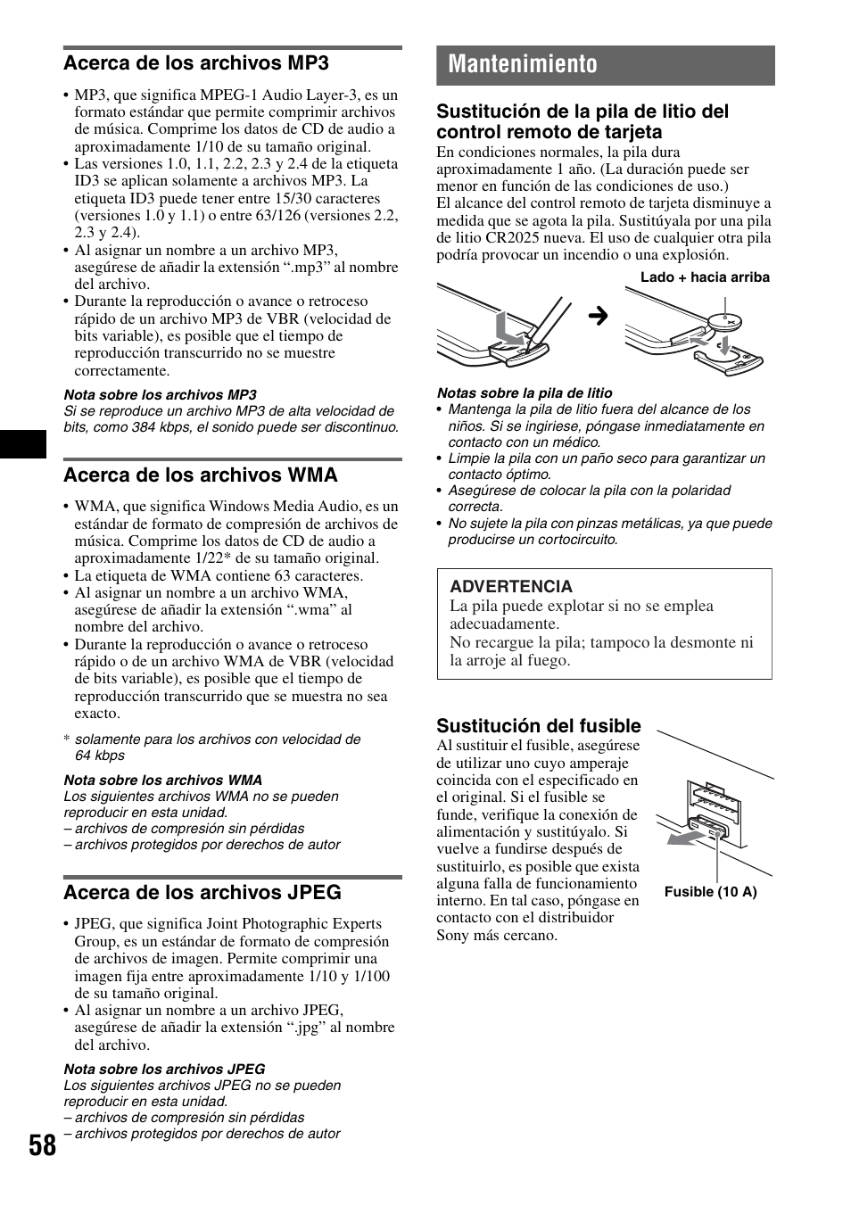 Acerca de los archivos mp3, Acerca de los archivos wma, Acerca de los archivos jpeg | Mantenimiento | Sony XAV-W1 User Manual | Page 184 / 196