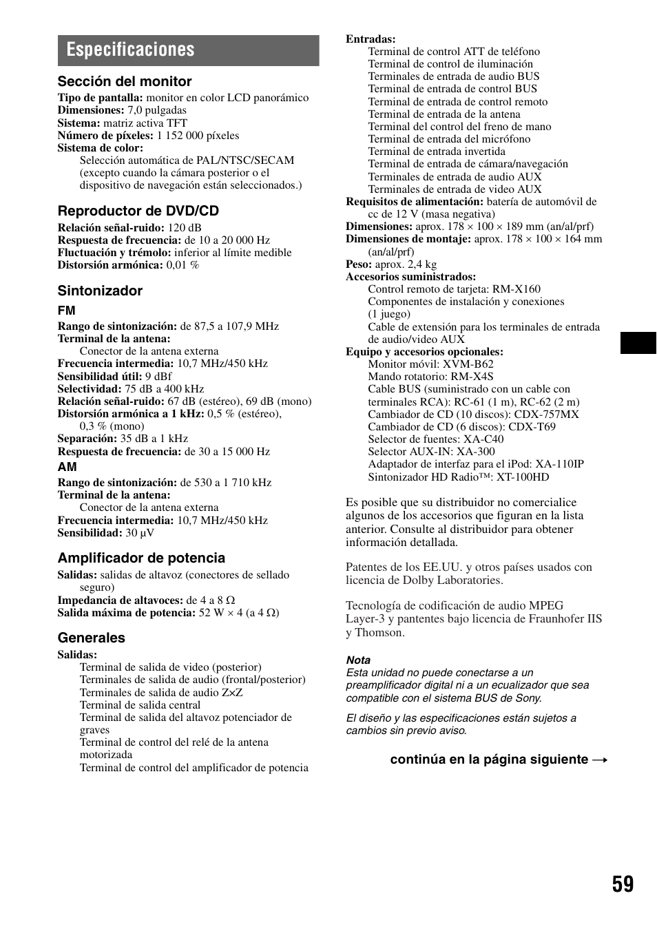 Especificaciones | Sony XAV-W1 User Manual | Page 185 / 196