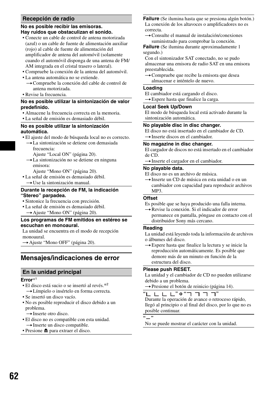 Mensajes/indicaciones de error | Sony XAV-W1 User Manual | Page 188 / 196