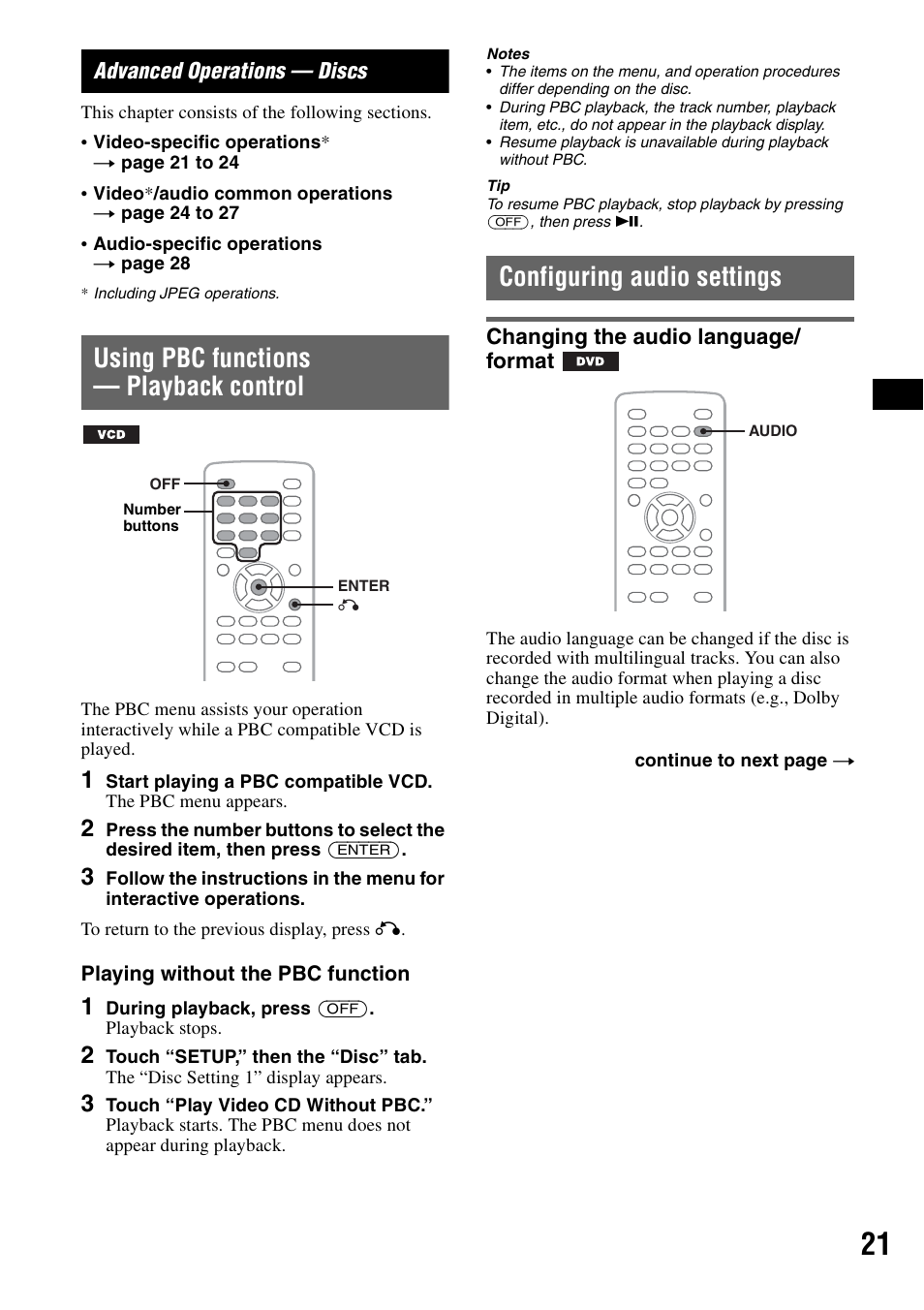 Advanced operations - discs, Using pbc functions - playback control, Configuring audio settings | Changing the audio language/ format, Advanced operations — discs, Using pbc functions — playback control, Changing the audio language/format | Sony XAV-W1 User Manual | Page 21 / 196