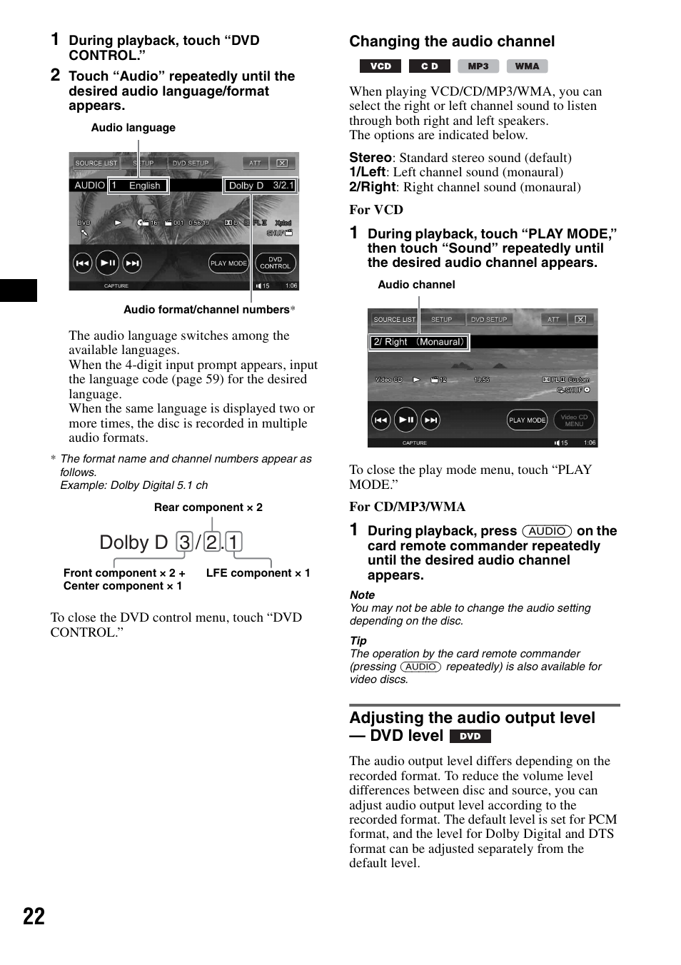 Adjusting the audio output level - dvd level, Adjusting the audio output level, Dvd level | Dolby d 3 / 2 | Sony XAV-W1 User Manual | Page 22 / 196