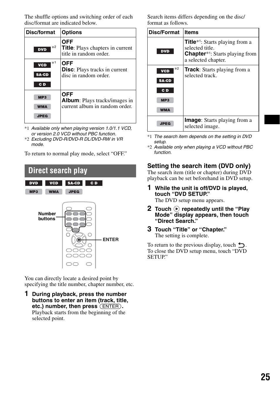 Direct search play, Setting the search item (dvd only) | Sony XAV-W1 User Manual | Page 25 / 196