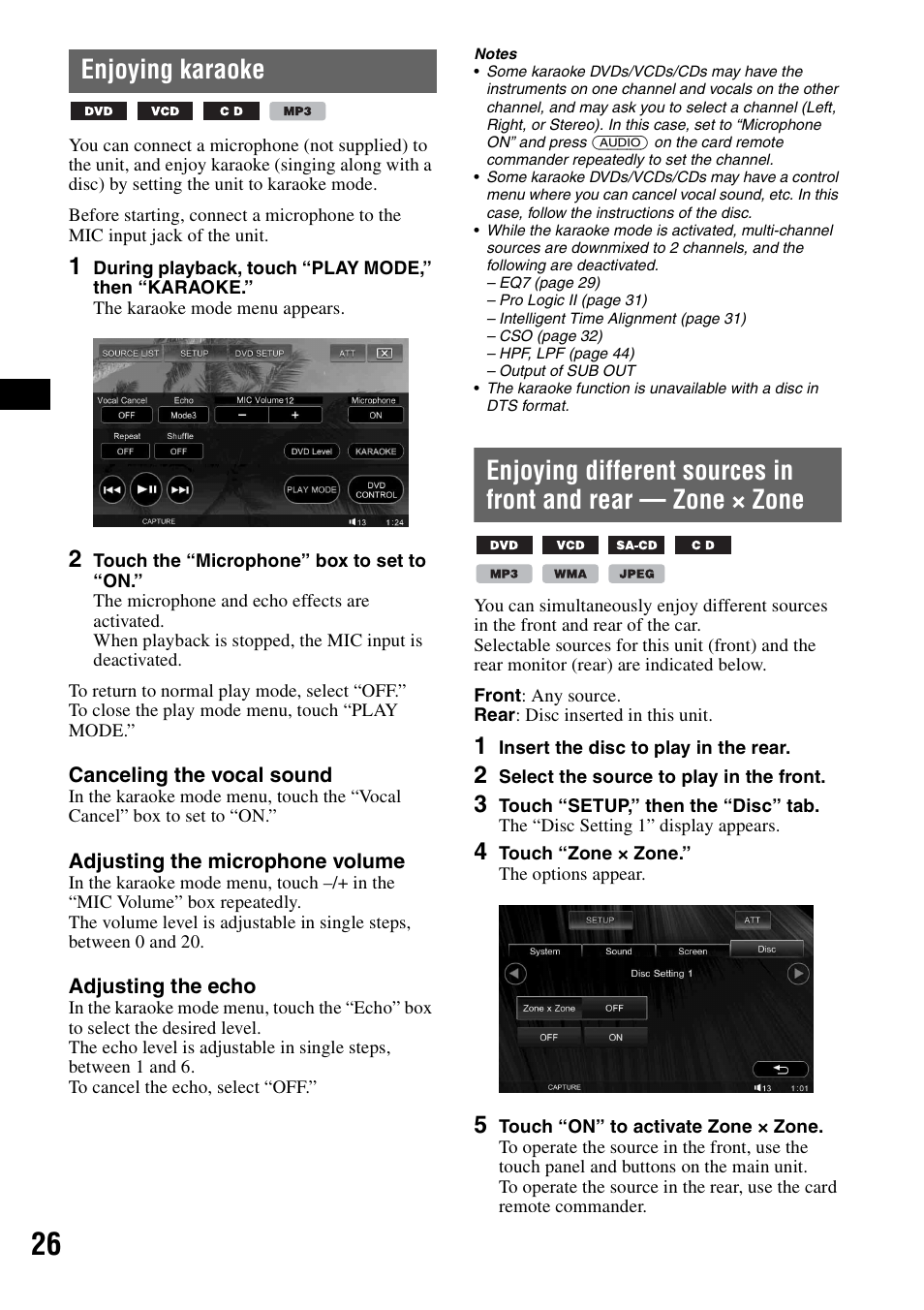 Enjoying karaoke, Enjoying different sources in front and rear, Zone × zone | Sony XAV-W1 User Manual | Page 26 / 196