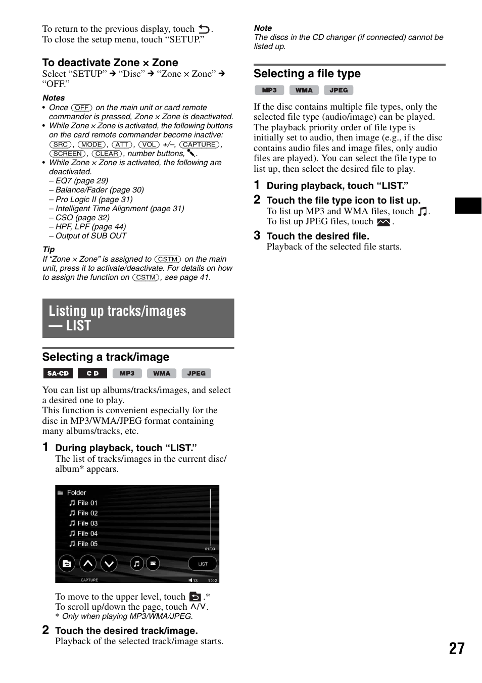 Listing up tracks/images - list, Selecting a track/image, Selecting a file type | Listing up tracks/images — list, Selecting a track/image selecting a file type | Sony XAV-W1 User Manual | Page 27 / 196