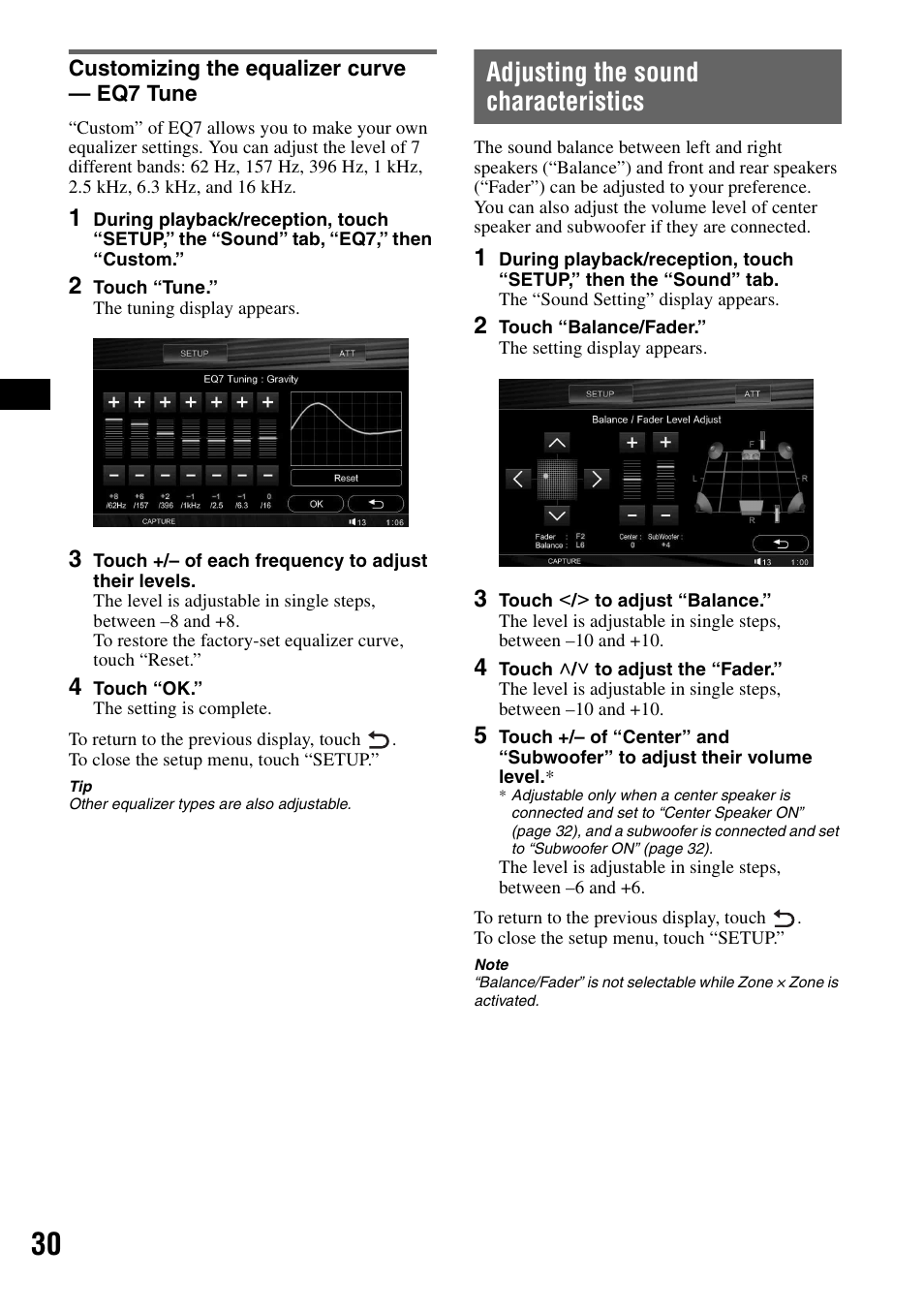 Customizing the equalizer curve - eq7 tune, Adjusting the sound characteristics, Customizing the equalizer curve | Eq7 tune | Sony XAV-W1 User Manual | Page 30 / 196