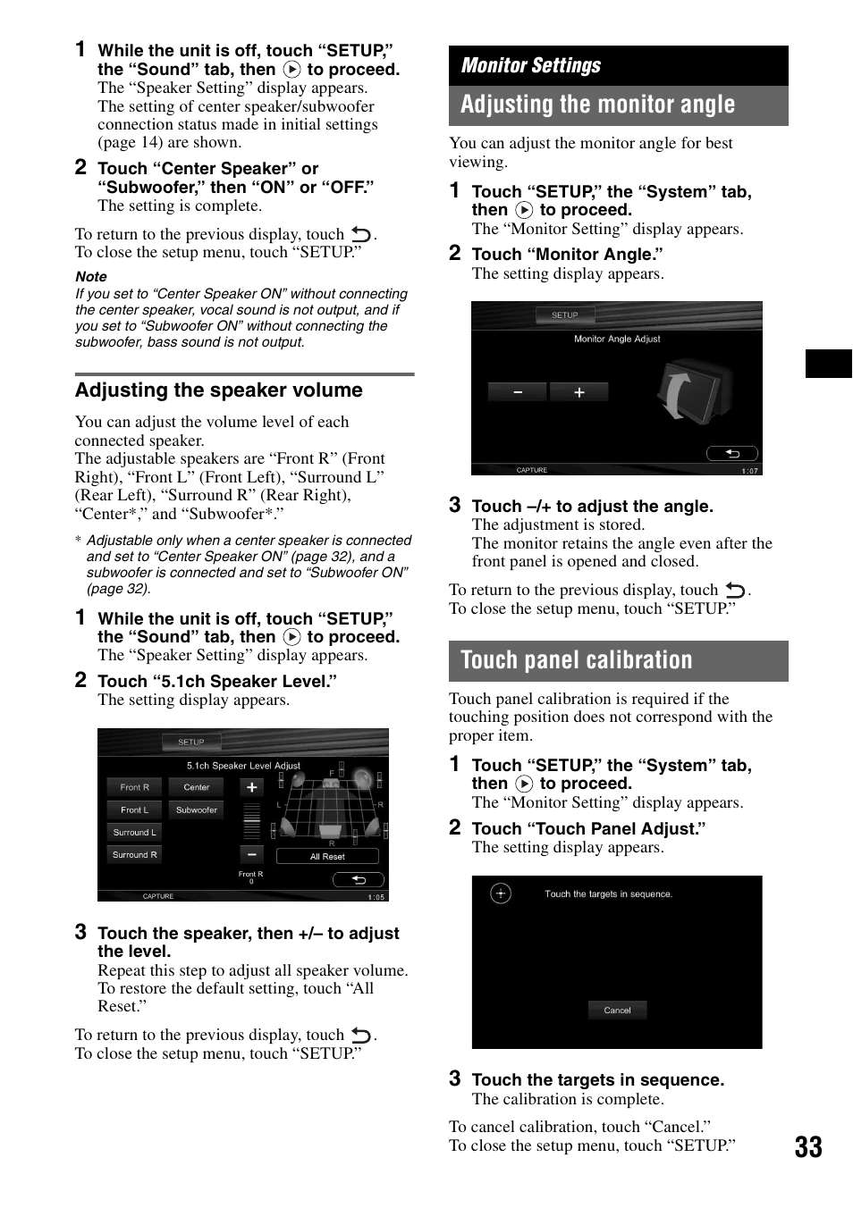 Adjusting the speaker volume, Monitor settings, Adjusting the monitor angle | Touch panel calibration | Sony XAV-W1 User Manual | Page 33 / 196