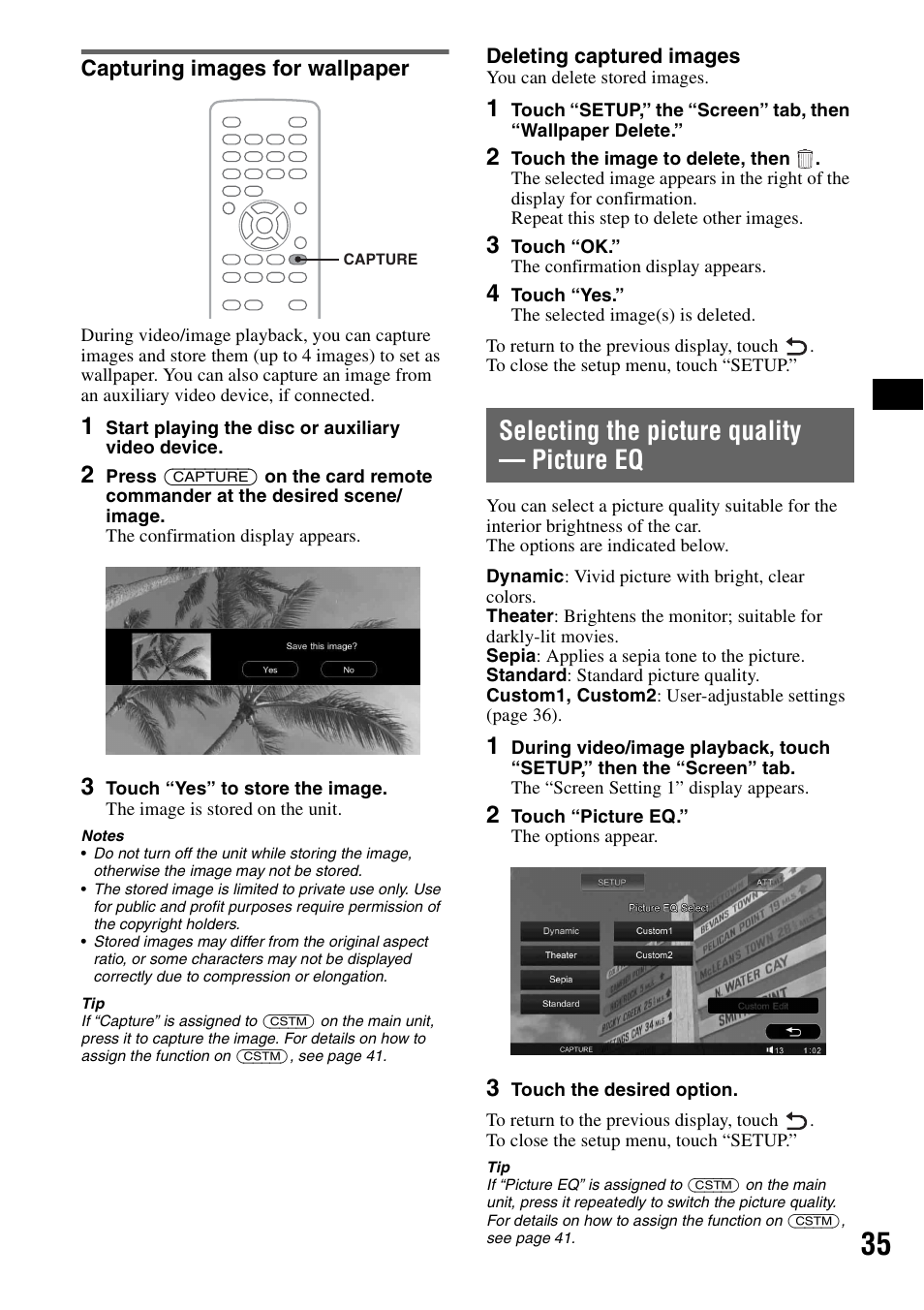 Capturing images for wallpaper, Selecting the picture quality - picture eq, Selecting the picture quality | Picture eq, Selecting the picture quality — picture eq | Sony XAV-W1 User Manual | Page 35 / 196