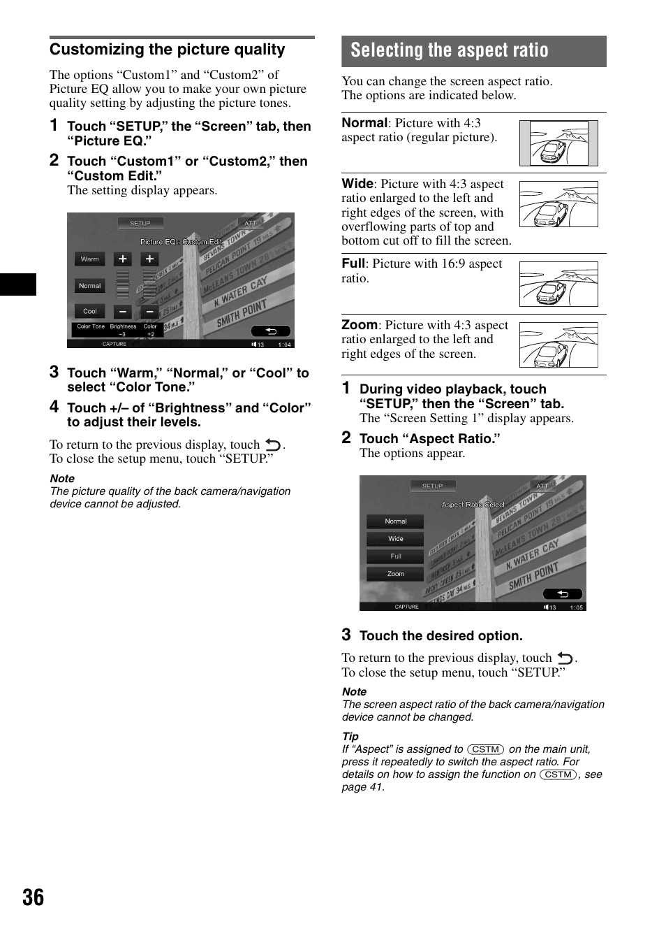 Customizing the picture quality, Selecting the aspect ratio | Sony XAV-W1 User Manual | Page 36 / 196