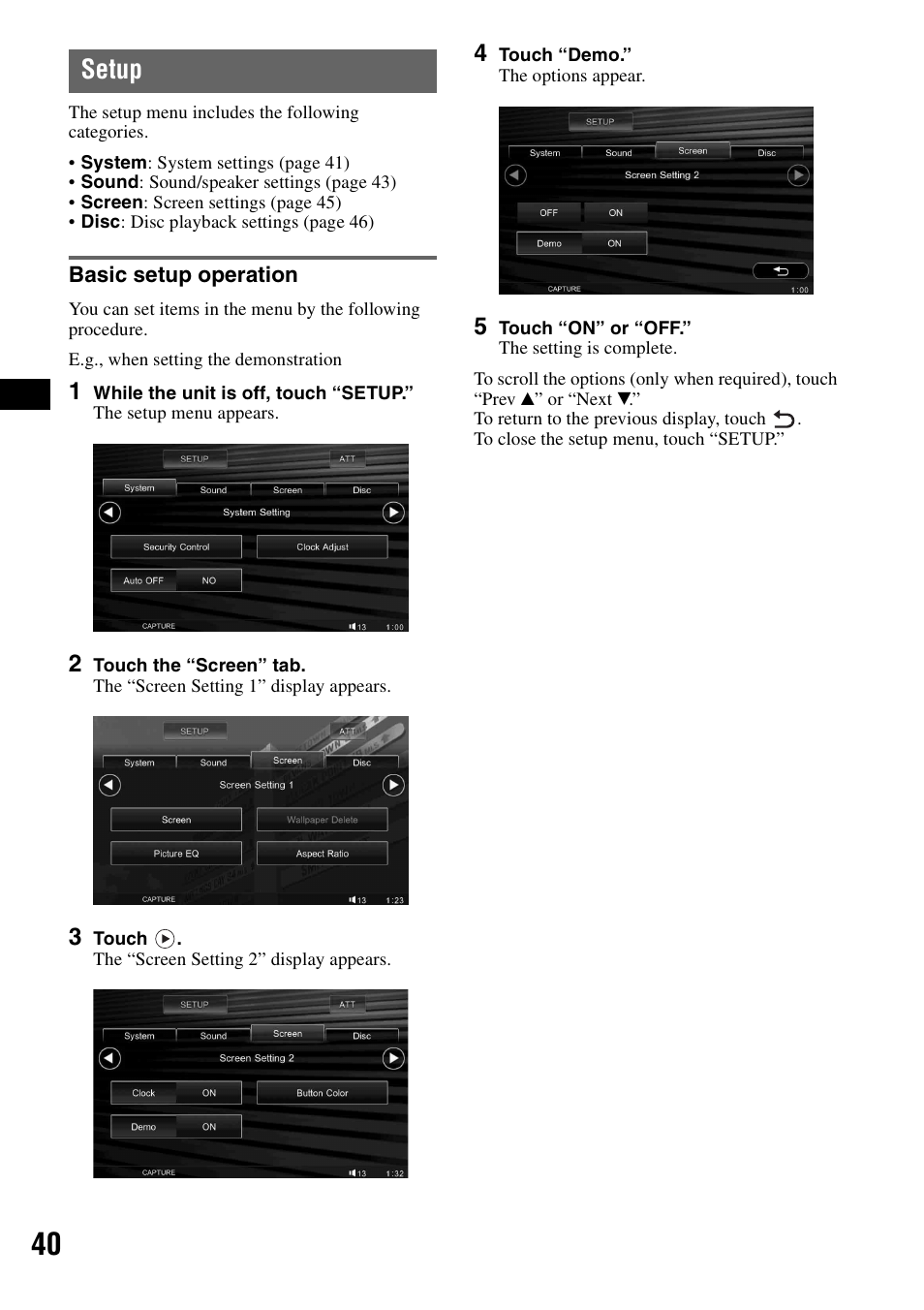 Setup, Basic setup operation | Sony XAV-W1 User Manual | Page 40 / 196