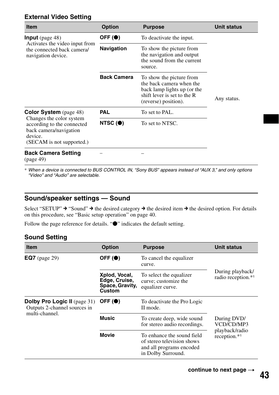 Sound/speaker settings - sound, Sound/speaker settings — sound | Sony XAV-W1 User Manual | Page 43 / 196